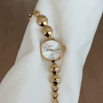Classic Gold-Tone Watch with White Round Dial & Flat Bean-Link Alloy Bracelet