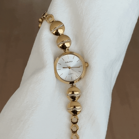 Classic Gold-Tone Watch with White Round Dial & Flat Bean-Link Alloy Bracelet