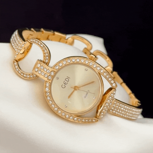 Gold Round Full Diamond Dial with Skeleton Bracelet - Luxury Quartz Watch