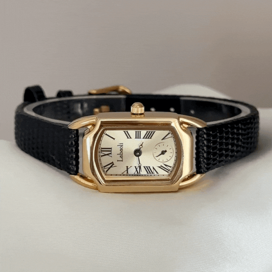 Executive Chic: Gold Rectangle Dial with Black Genuine Leather Strap