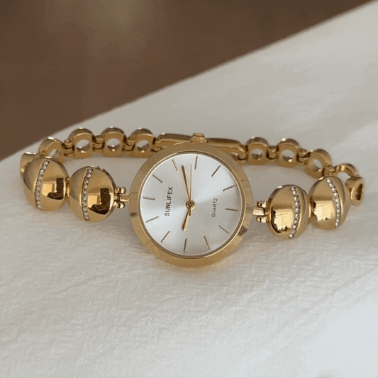 Classic Gold-Tone Watch with White Round Dial & Flat Bean-Link Alloy Bracelet
