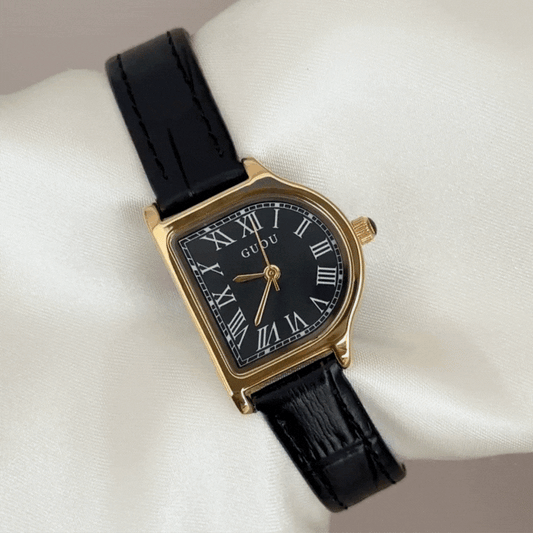 D-Shape Dial Watch with Gold Bezel & Black Genuine Leather Strap