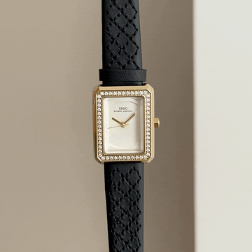 White Rectangular Dial Watch with Diamond Bezel & Black Genuine Leather Strap