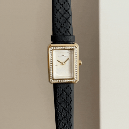White Rectangular Dial Watch with Diamond Bezel & Black Genuine Leather Strap
