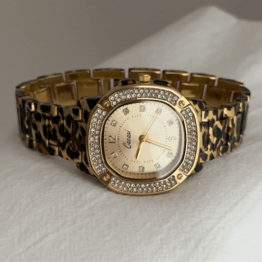 Vintage Rectangle Watch with Gold Dial, Diamond-Accented Case & Leopard Print Alloy Strap