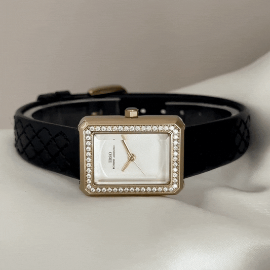 White Rectangular Dial Watch with Diamond Bezel & Black Genuine Leather Strap
