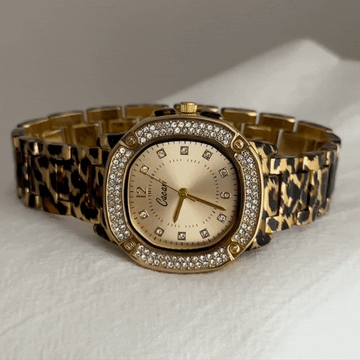 Vintage Rectangle Watch with Gold Dial, Diamond-Accented Case & Leopard Print Alloy Strap