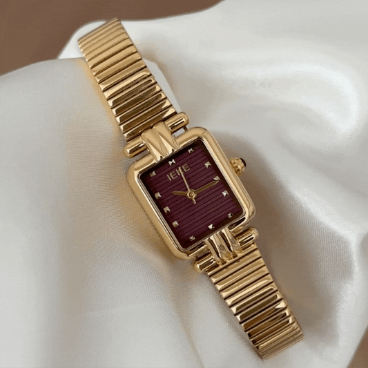 Red Rectangular Dial Gold Alloy Quartz Watch - Casual Style