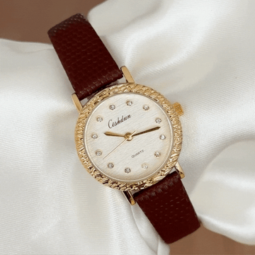 Classic Gold Round Dial Watch – Gold Bezel & Brown Genuine Leather Strap Quartz