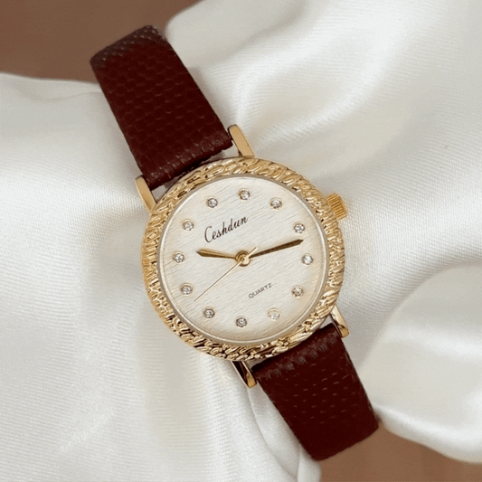 Classic Gold Round Dial Watch – Gold Bezel & Brown Genuine Leather Strap Quartz