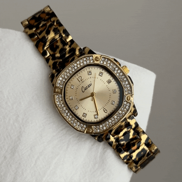 Vintage Rectangle Watch with Gold Dial, Diamond-Accented Case & Leopard Print Alloy Strap