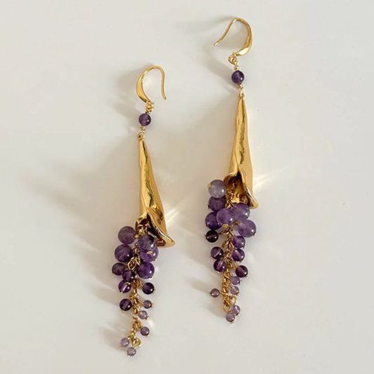 Vintage French-Style Calla Lily Purple Amethyst Tassel Drop Earrings