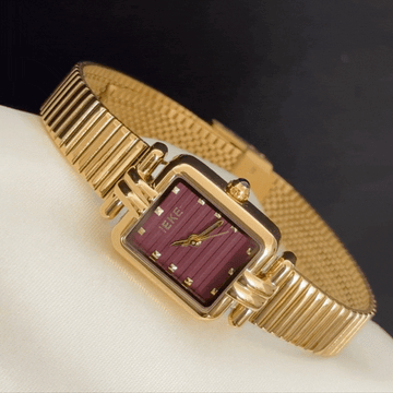 Red Rectangular Dial Gold Alloy Quartz Watch - Casual Style