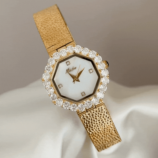 Modern Geometric Luxury: White Rhombus Dial & Full Diamond Bezel Watch