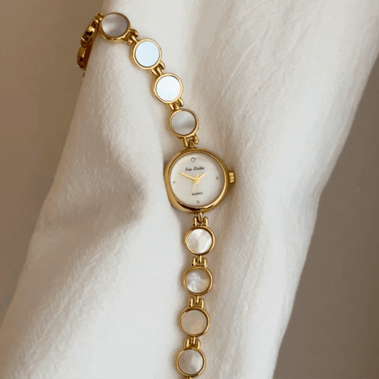 Elegant Gold-Tone Watch with White Mother-of-Pearl Dial & Alloy Bracelet