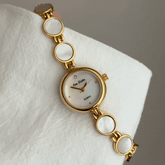 Elegant Gold-Tone Watch with White Mother-of-Pearl Dial & Alloy Bracelet