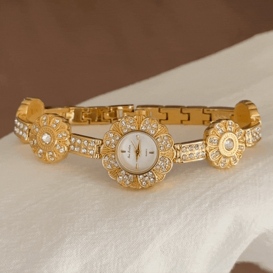 Vintage Floral Watch with White Dial, Diamond-Accented Gold Frame & Alloy Bracelet