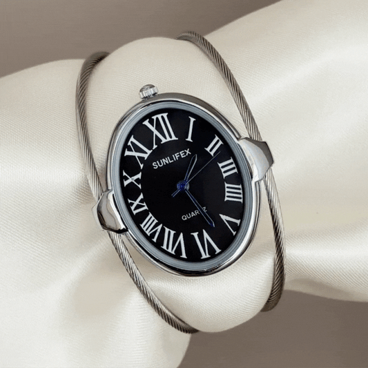 Modern Minimalist Black Oval Dial Watch – Silver Bezel & Silver Alloy Bangle Bracelet