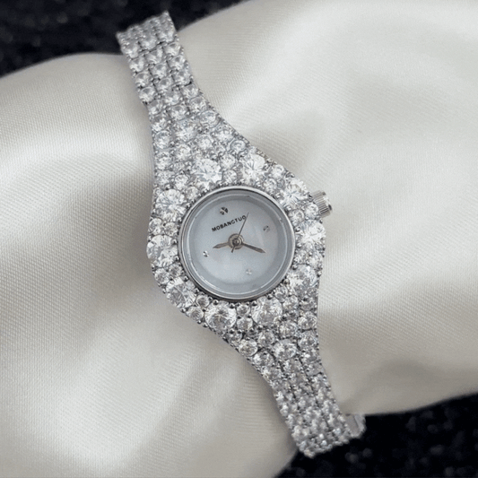 Feminine Elegance Small White Dial Full Crystal Watch – Silver Pavé Quartz Bracelet