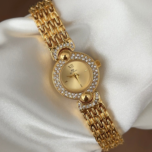 Urban Luxury Gold Round Dial Diamond Bezel Alloy Bracelet Quartz Watch