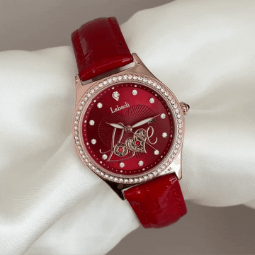 Modern Glamour: Red Dial with Gold Diamond Bezel & Genuine Leather Strap, Luminous Quartz