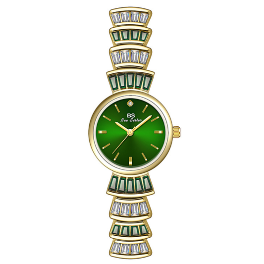 Elegant Round Green Dial Gold-Tone Case Diamond-Accented Alloy Bracelet Quartz Watch
