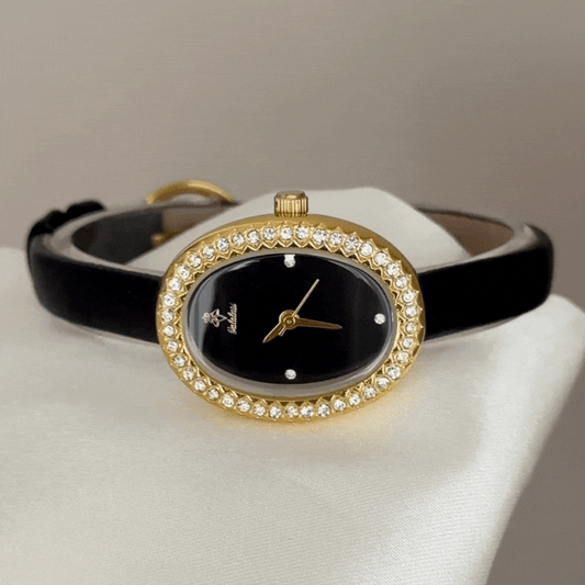 Sophisticated Black Oval Dial Watch – Gold Diamond Bezel & Black Leather Strap Quartz