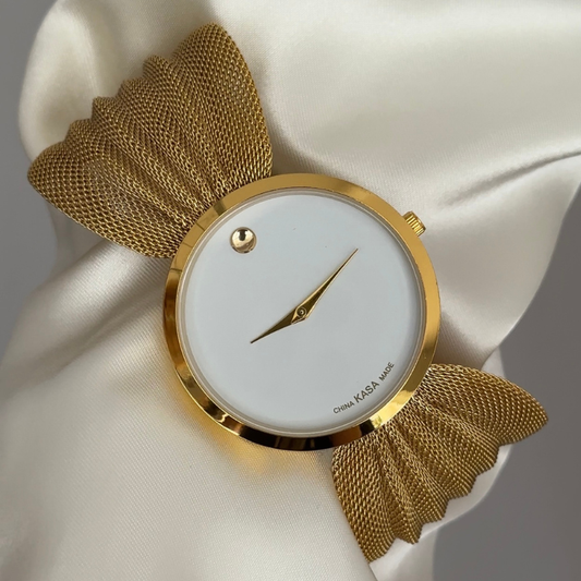Exquisite Matching White Round Dial Gold Butterfly Mesh Watch Set with Bracelet