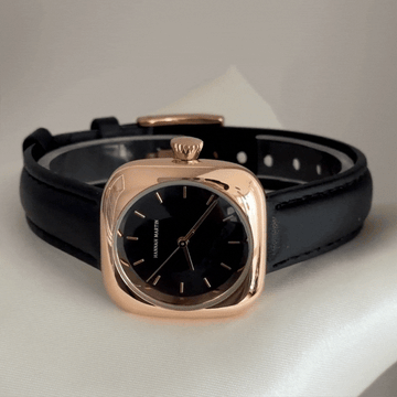 Timeless Chic: Black Rectangular Dial Watch with Rose Gold Bezel & Black Genuine Leather Strap