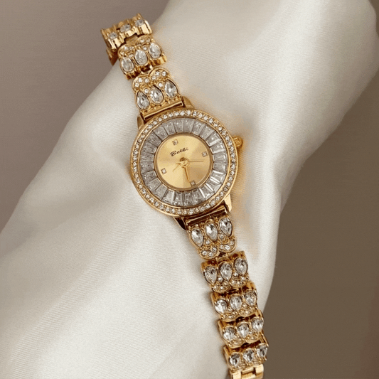 Diamond Bezel Two-Tone Watch, Gold Round Dial with Full Diamond Accents