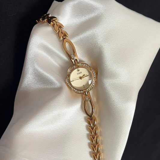 Romantic Elegance Gold Floral Dial Diamond Bezel Alloy Quartz Watch