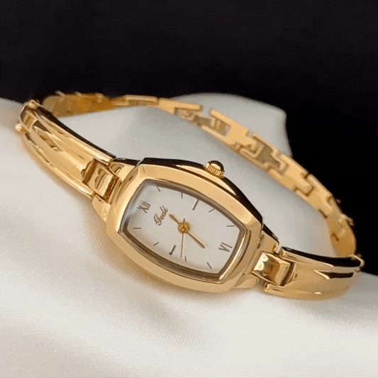 Modern Vintage White Tonneau Dial Gold Bezel Alloy Bracelet Watch