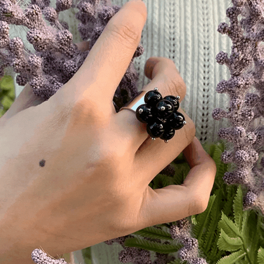 Handmade Black Gemstone Beaded Ring – Silver Adjustable Open Ring with Floral Cluster Design