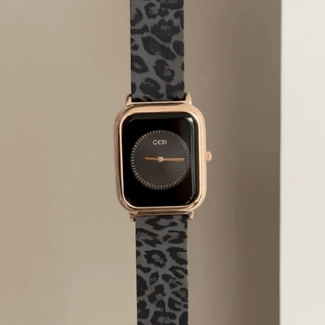 Bold Chic: Black Rectangular Dial Watch with Rose Gold Bezel & Black Leopard Print Silicone Strap