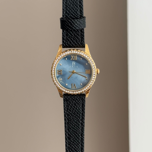 Luxury Blue Mother-of-Pearl Watch: Diamond Bezel & Black Genuine Leather Strap