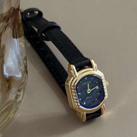 Midnight Grace – Women’s Blue Oval Dial Quartz Watch with Black Leather Strap