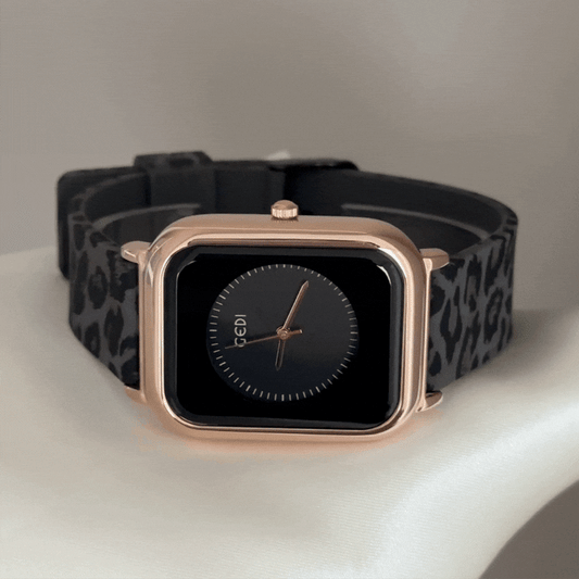 Bold Chic: Black Rectangular Dial Watch with Rose Gold Bezel & Black Leopard Print Silicone Strap