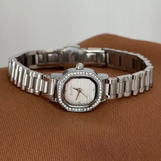 Modern Minimalist Silver Rectangular Dial Diamond Bezel Stainless Steel Quartz Watch