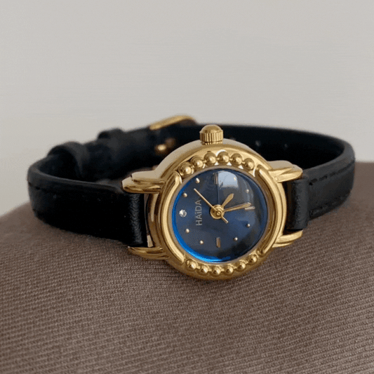 Midnight Muse – Women’s Blue Dial Quartz Watch with Black Leather Strap