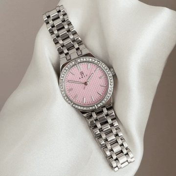 Delicate Elegance: Iridescent Pink Dial & Silver Diamond Bezel Watch