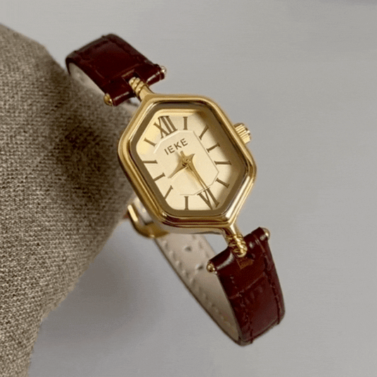 Unique Retro Brown Leather Strap Rhombus Gold Dial Roman Numeral Ladies Quartz Watch - Bohemian Rhyme