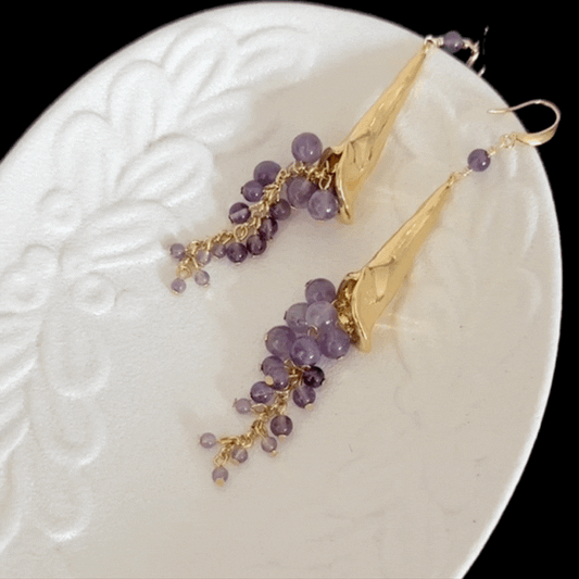 Vintage French-Style Calla Lily Purple Amethyst Tassel Drop Earrings