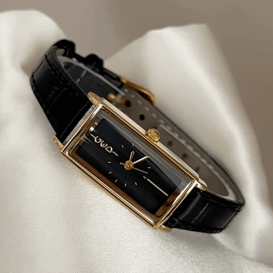 Modern Classic Contrast: Black Rectangle Dial & Gold Bezel Watch