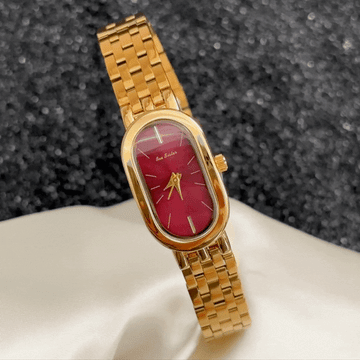 Modern Vintage Red Long Oval Dial Watch – Gold Stainless Steel Quartz Bracelet