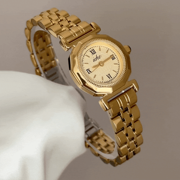 Modern Geometric: Gold Round Dial, Geometric Bezel & Gold Bracelet Watch