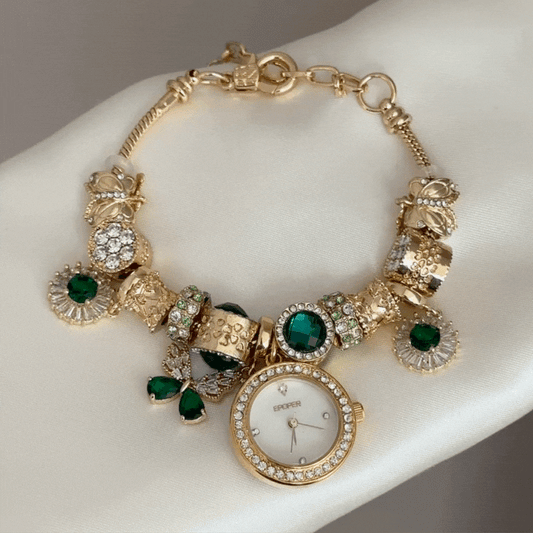 Luxury Gemstone Link Watch - White Dial Gold Diamond Quartz