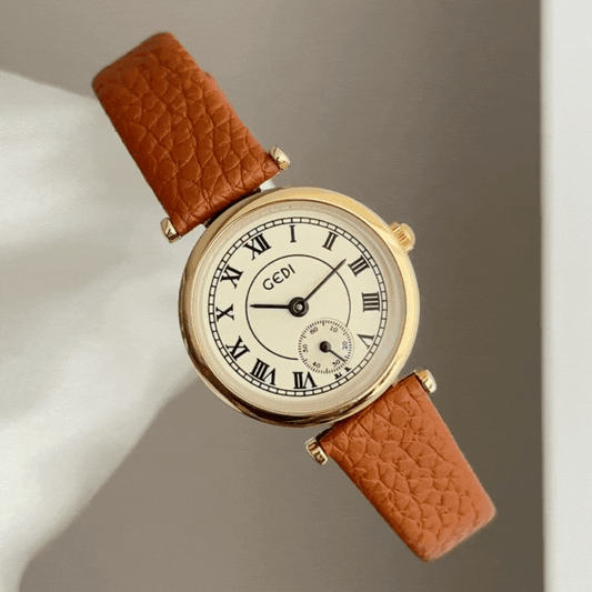 Classic Luxury Gold Round Dial Watch – Gold Bezel & Orange Vegan Leather Strap Quartz