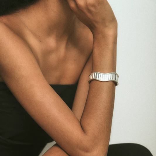Minimalist Silver Wave Wide Open Cuff Bracelet – Adjustable Silver-Plated Brass Statement Bangle