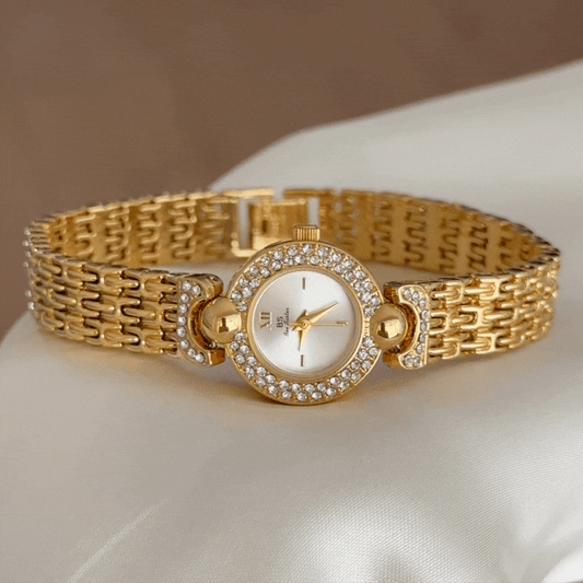 Modern Luxury White Round Dial Gold Diamond Quartz Watch