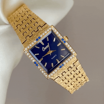 Modern Glamour Blue Rectangle Dial Watch – Gold Diamond Bezel & Gold Alloy Bracelet Quartz